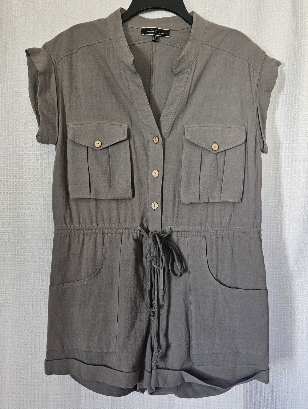Sage Green Button-Up Romper shorts jumpsuit cotton rayon blend Sz Small